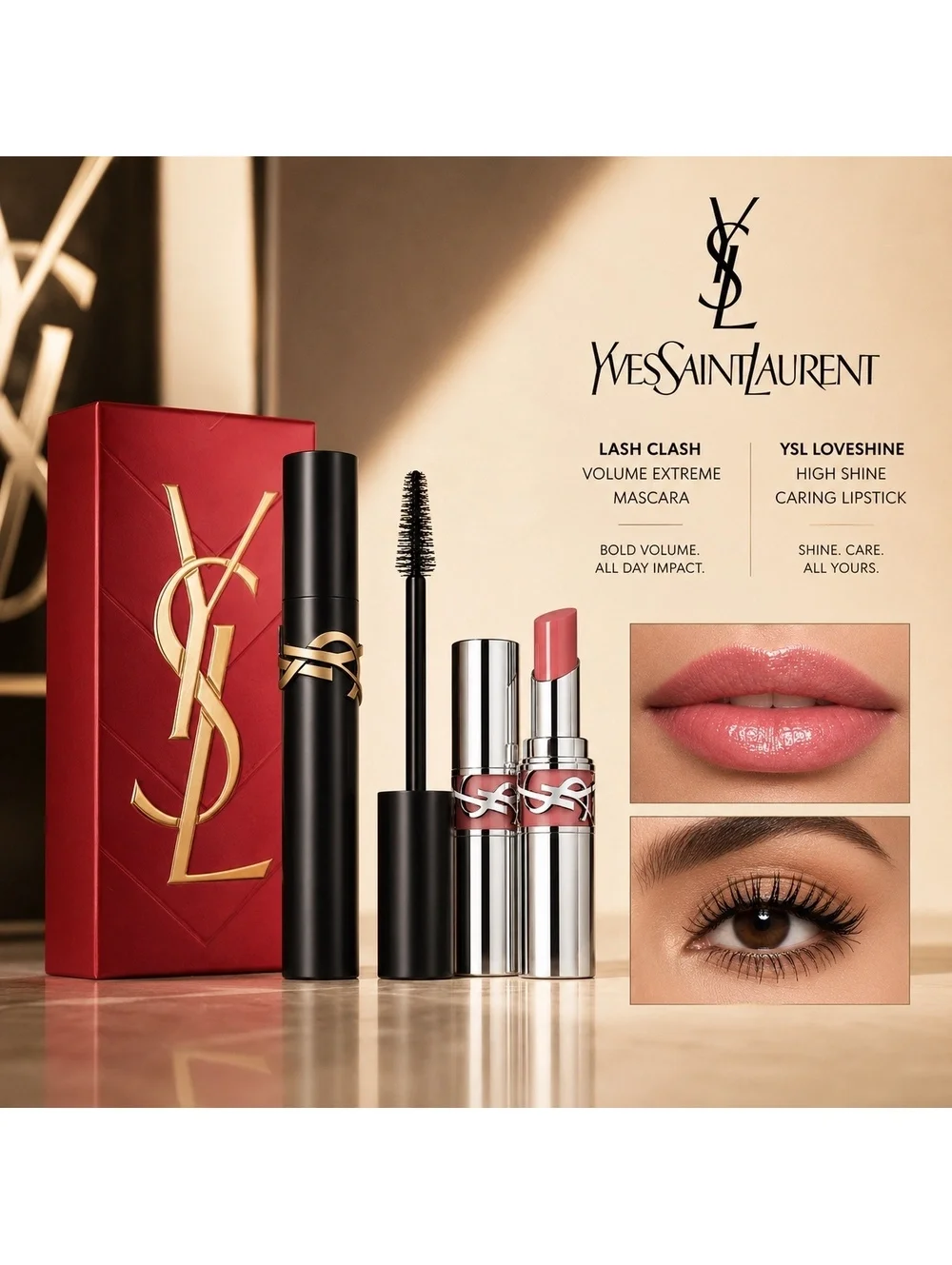 Yves St. Laurent -YSL- 2 Pc Set • Lash Clash Mascara & Loveshine Lipstick NEW